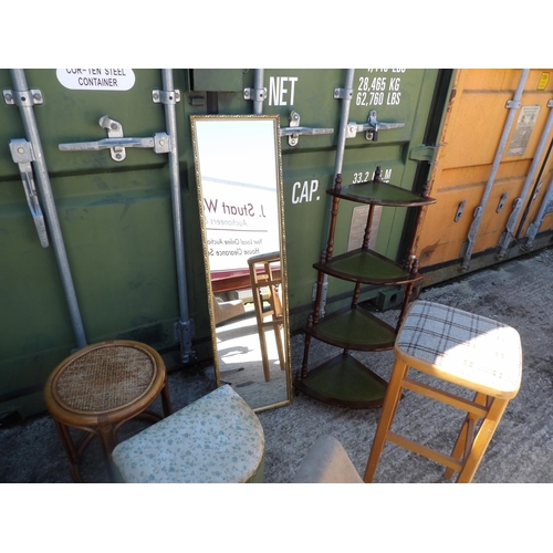 301 - Mixed lot including mirror, stool, whatnot, look box, small swing mirror and bamboo stool