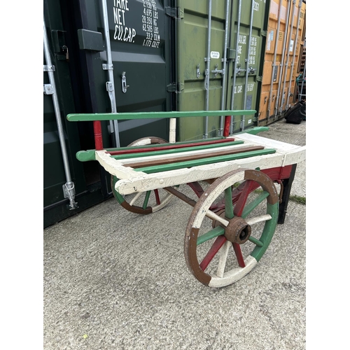 317 - A large vintage painted hand cart market barrow, formally of OLD COVENT GARDEN VEG MARKET 182x100