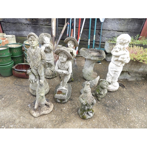 410e - 5 Large concrete garden statue together with three small figures and a bird bath