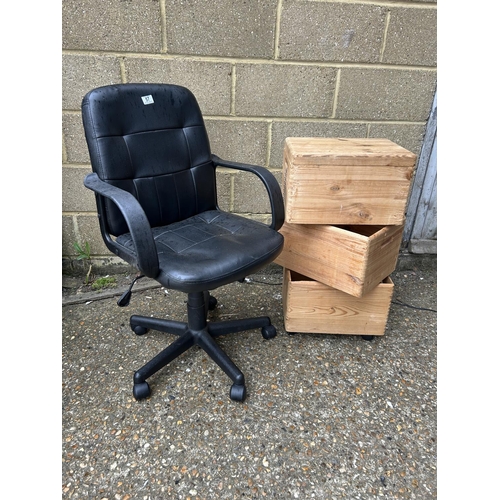 57 - Office chair and three pine boxes