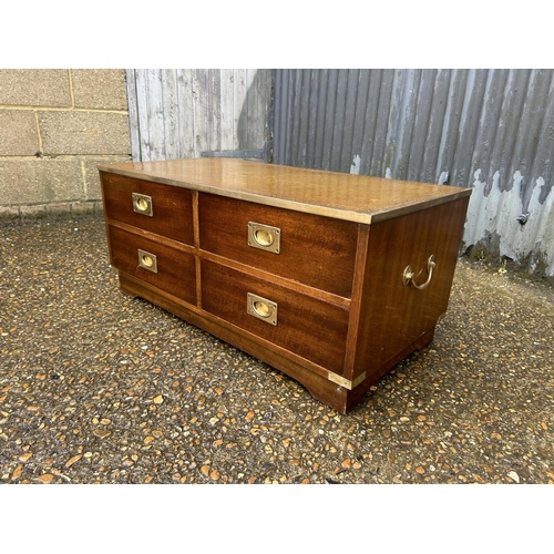 92 - A military style reprodux leather top four drawer coffee table chest 97x 42x40