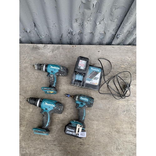 423 - 2 Makita LXT drills and 1 driver plus charger and 2 batteries, all working