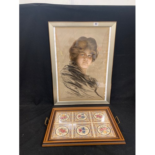 960 - Print of a lady by Philip Boileau 1903 and tiled tray