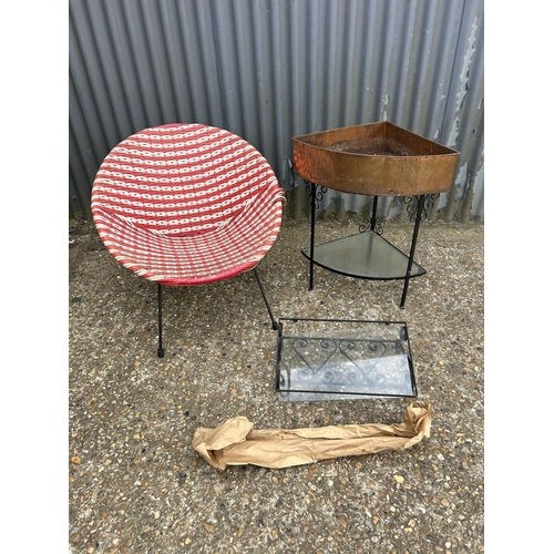 108 - A retro chair, copper corner stand and a metal wall rack