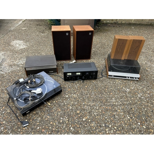 115 - A collection of music equipment inc Wharfdale speakers, ten twenty five music system, amp, Phillips ... 