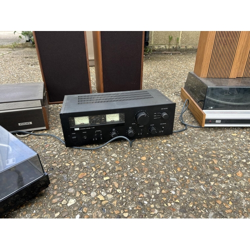 115 - A collection of music equipment inc Wharfdale speakers, ten twenty five music system, amp, Phillips ... 