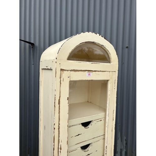 141 - A distressed white painted glass fronted cabinet with six drawers - 51 cms wide x 36 cms deep s 187 ... 