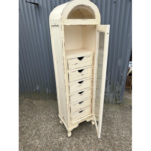 141 - A distressed white painted glass fronted cabinet with six drawers - 51 cms wide x 36 cms deep s 187 ... 