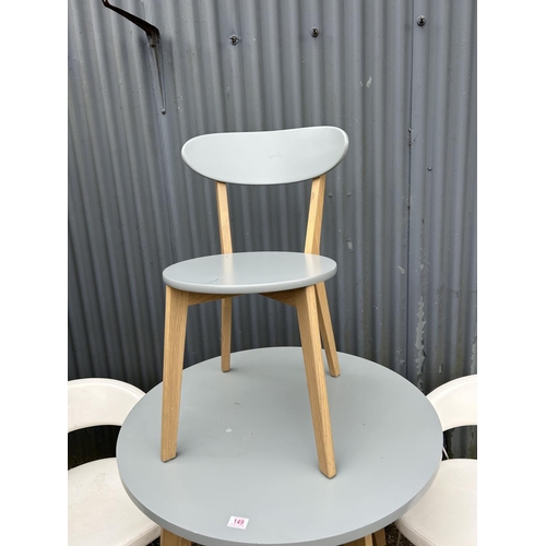 149 - A modern grey painted kitchen table 90cm diameter together with one grey chair and two modern chrome... 