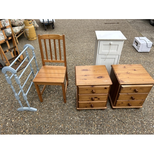 150 - A pair of pine bedsides, pine chair, towel rail and white bathroom cupboard
