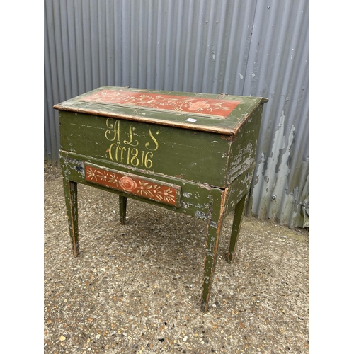 159 - A French green painted two section clerks desk on stand