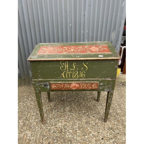 159 - A French green painted two section clerks desk on stand