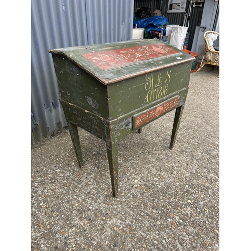 159 - A French green painted two section clerks desk on stand