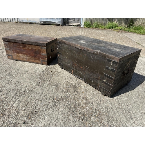 16 - Two large antique iron bound trunks largest measures  (113x56x40