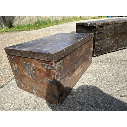 16 - Two large antique iron bound trunks largest measures  (113x56x40