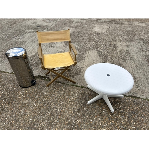 21 - Directors chair,stainless steel bin and plastic table