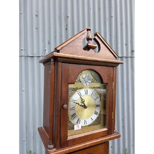 75 - A reproduction TEMPUS FUGIT mahogany cased clock with pendulum and weight