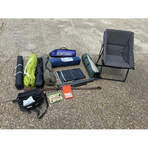 85 - A collection of six folding chairs, tent and fishing items