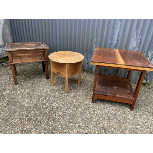 91 - A oak sewing box, occasional table and a stool