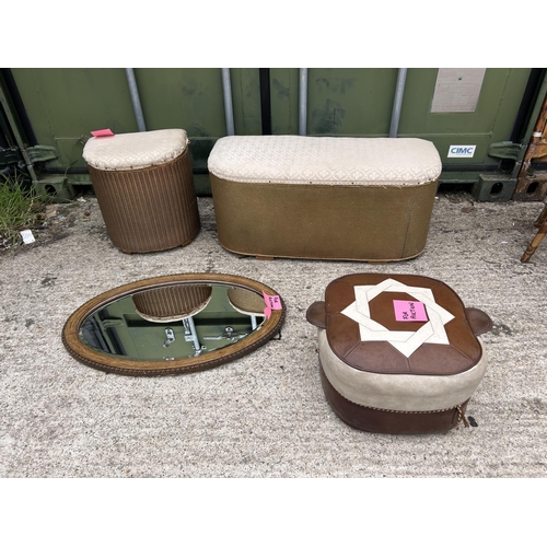 99e - A gold loom box, linen box, oval mirror and retro stool