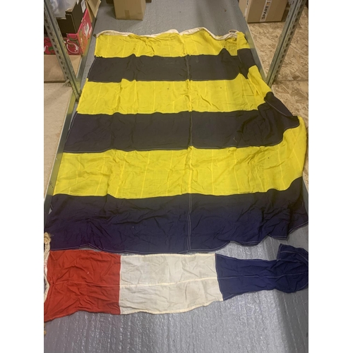 1049 - Large Blue and yellow striped flag dated 1945, approx 210 x 160 cms, some moth hole damage plus smal... 