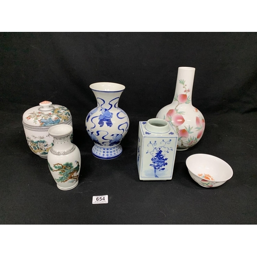 654 - Six pieces of oriental china, tallest 30 cms