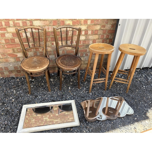 1 - Two bentwood chairs, two stools and two mirrors