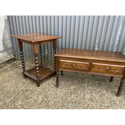 160m - A oak barley twist table, barley twist bookcase and a oak two drawer table