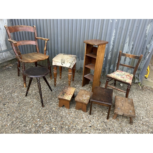 160o - A carver chair together with a child's chair small bookcase and 6 stools