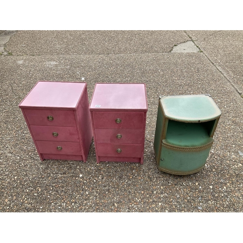 212 - A pair of pink upholstered three drawer bedsides together with a green loom style bedside