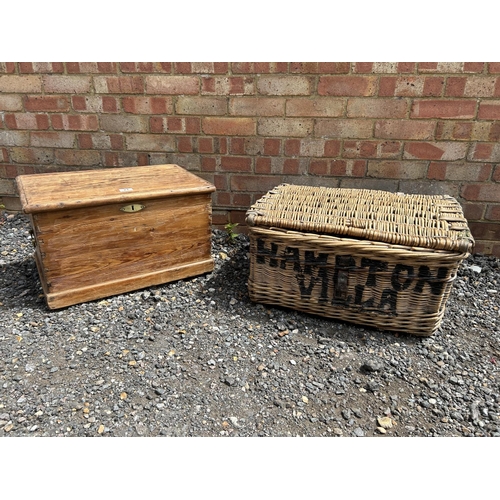 23 - A country pine box together with a vintage wicker laundry basket