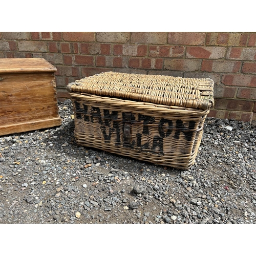 23 - A country pine box together with a vintage wicker laundry basket