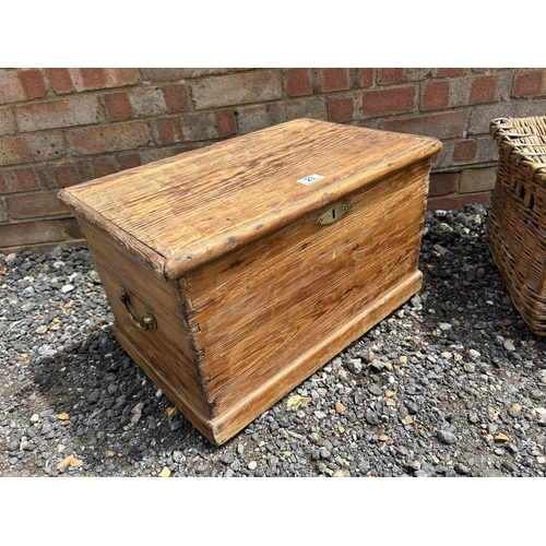 23 - A country pine box together with a vintage wicker laundry basket