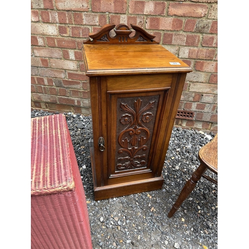 33 - An Edwardian mahogany bedside, single chair and Lloyd loom corner linen box