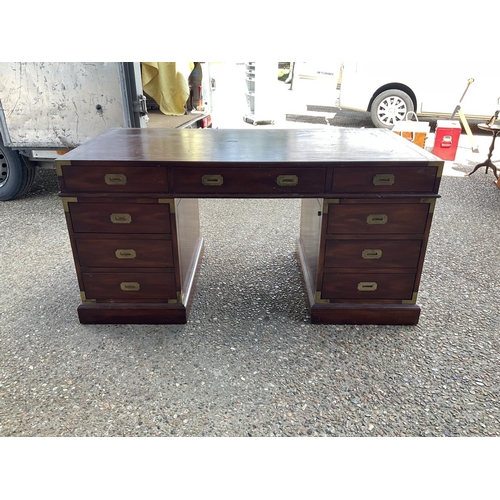 367 - A reproduction mahogany military style desk with brass inlaid top 153x77x77