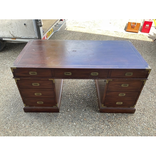 367 - A reproduction mahogany military style desk with brass inlaid top 153x77x77