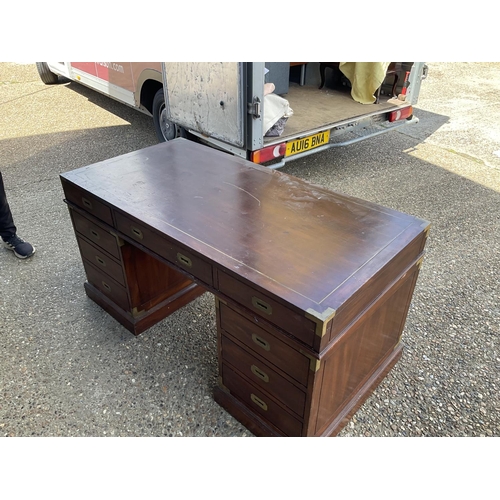 367 - A reproduction mahogany military style desk with brass inlaid top 153x77x77