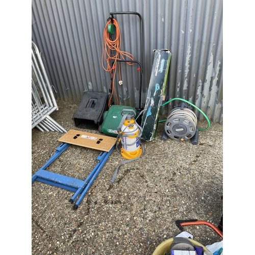 369 - Mower, hose reel, workmate, strimmer and garden tools