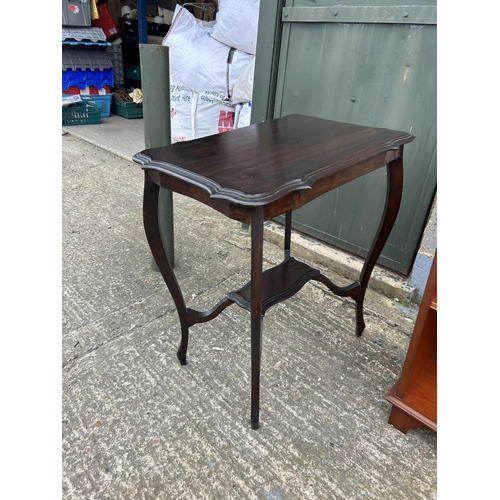 43 - Repro yew two drawer bookcase together with mahogany occasional table and a chair