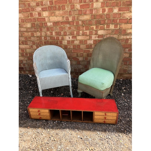 5 - A Lloyd loom chair, a green bedroom chair and a red painted filling drawer section