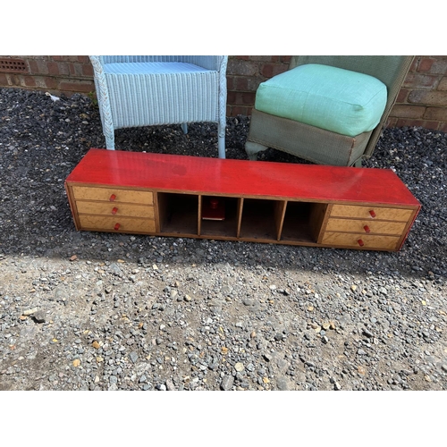 5 - A Lloyd loom chair, a green bedroom chair and a red painted filling drawer section