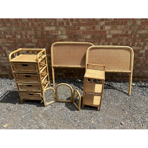 65 - Wicker  and bamboo chest of four, together with mirror , side table and two headboards