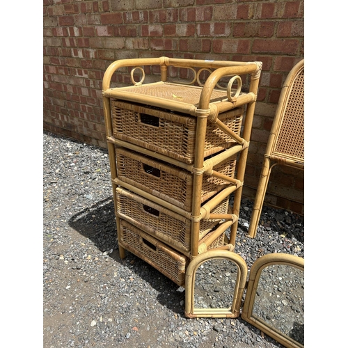 65 - Wicker  and bamboo chest of four, together with mirror , side table and two headboards