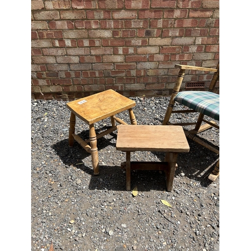 72 - A rocker chair and two stools