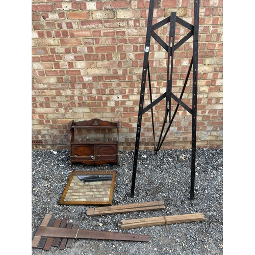 8 - Vintage artists easel, t squares, oak mirror and mahogany wall shelf