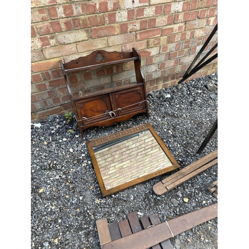 8 - Vintage artists easel, t squares, oak mirror and mahogany wall shelf