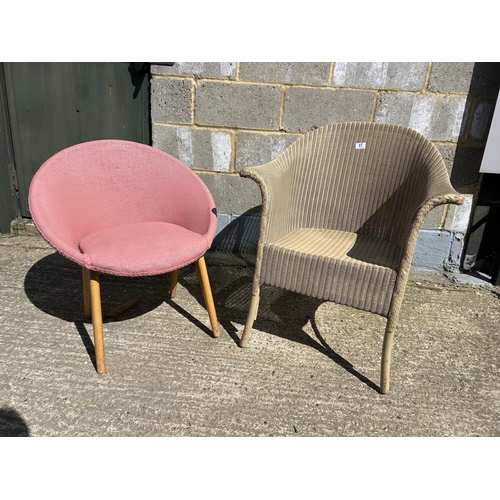 87 - A gold Lloyd loom chair together with a retro pink bedroom chair