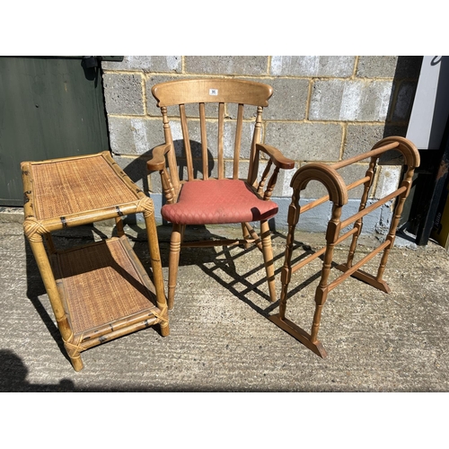 95 - A pine carver chair, airer ans bamboo side table