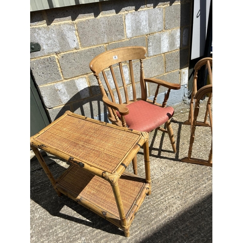 95 - A pine carver chair, airer ans bamboo side table