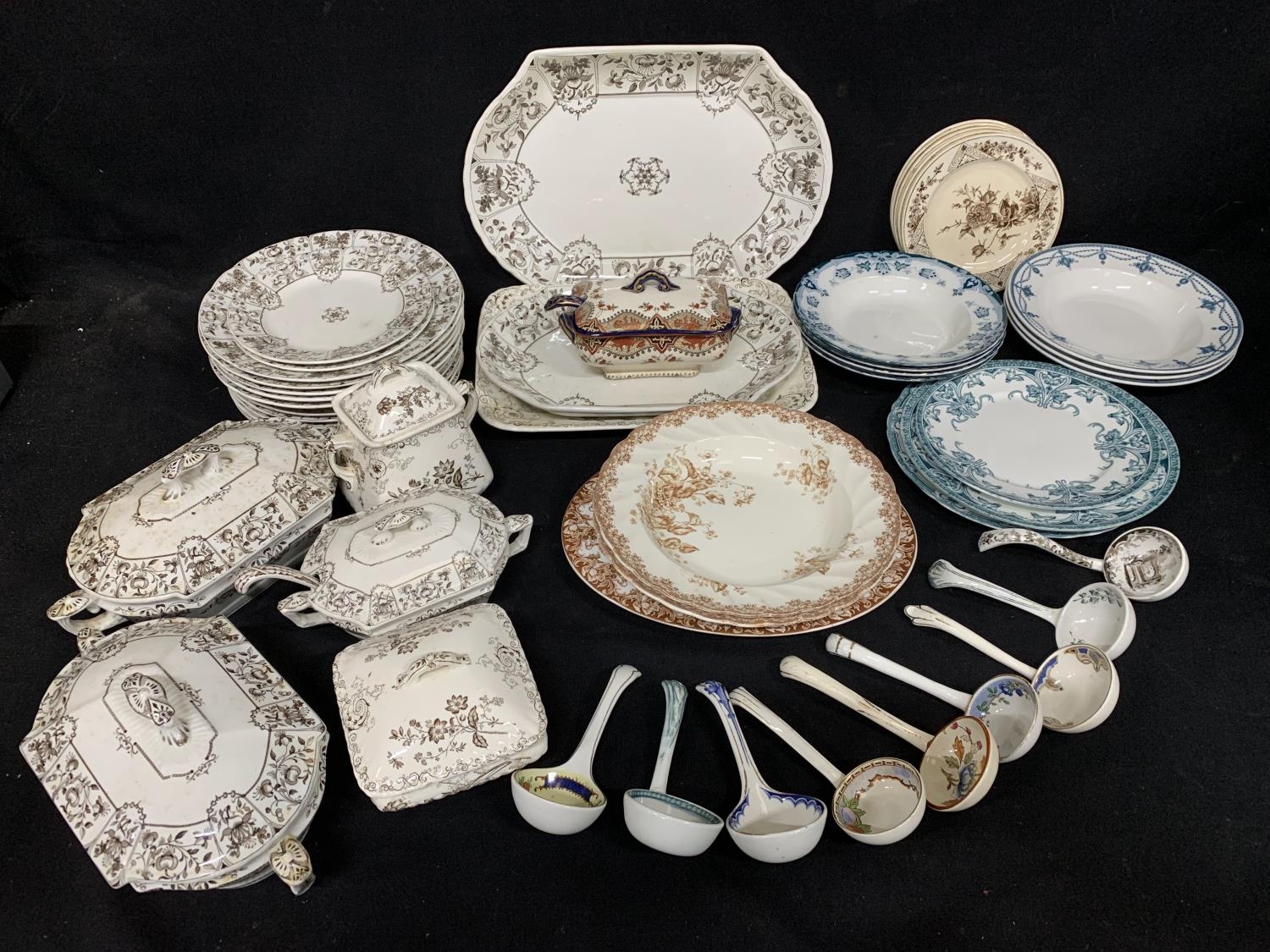 Collection of Victorian dinnerware and Tureens and Victorian ladles (2)